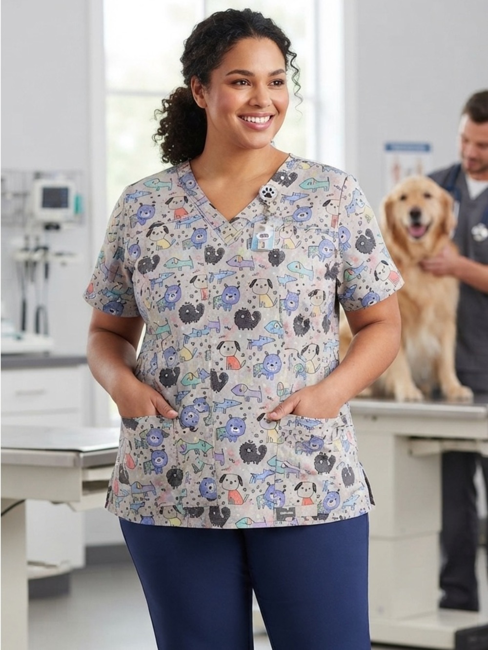 Dog Print Scrub Top 2XL Gray Purple Veterinarian Nurse Tech WonderWink